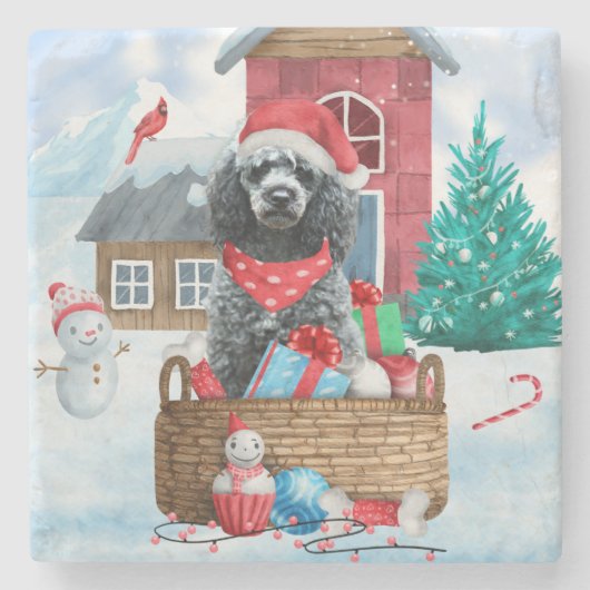 Poodle Hund im Schnee Weihnachtshaus Steinuntersetzer (Vorderseite)