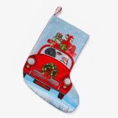 Poodle Hund in Auto mit dem Weihnachtsmann Kleiner Weihnachtsstrumpf (Vorderansicht (hängend))
