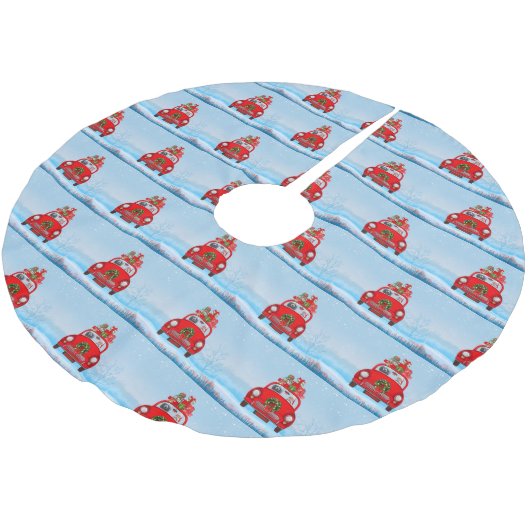 Poodle Hund in Auto mit dem Weihnachtsmann Polyester Weihnachtsbaumdecke (Schrägansicht)