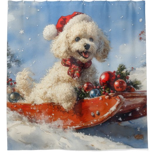 Poodle Hund in Sledge Lass es Schnee Weihnachten Duschvorhang (Vorderseite)