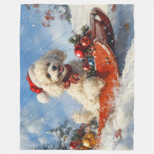 Poodle Hund in Sledge Lass es Schnee Weihnachten Fleecedecke (Vorderseite)