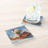 Poodle Hund in Sledge Lass es Schnee Weihnachten Glasuntersetzer (Schrägansicht)