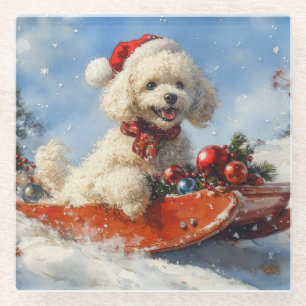 Poodle Hund in Sledge Lass es Schnee Weihnachten Glasuntersetzer