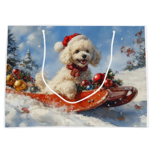 Poodle Hund in Sledge Lass es Schnee Weihnachten Große Geschenktüte (Vorderseite)