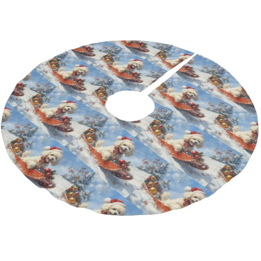 Poodle Hund in Sledge Lass es Schnee Weihnachten Polyester Weihnachtsbaumdecke (Schrägansicht)