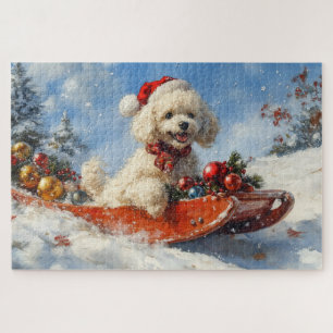 Poodle Hund in Sledge Lass es Schnee Weihnachten Puzzle