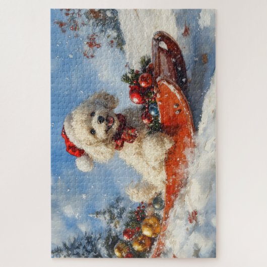 Poodle Hund in Sledge Lass es Schnee Weihnachten Puzzle (Vertikal)
