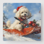Poodle Hund in Sledge Lass es Schnee Weihnachten Quadratische Wanduhr (Vorderseite)