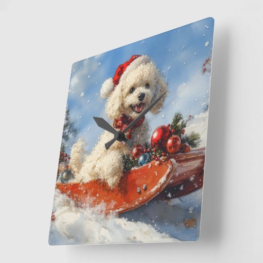 Poodle Hund in Sledge Lass es Schnee Weihnachten Quadratische Wanduhr (Winkel)