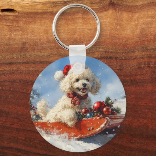 Poodle Hund in Sledge Lass es Schnee Weihnachten Schlüsselanhänger (Rückseite)