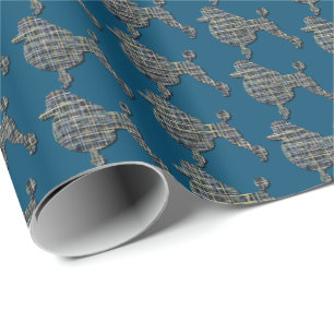 Poodle Hund Silhouette Gelb & Blau Grid Blau Geschenkpapier