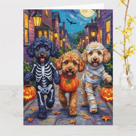 Poodle Hunde Trick-oder-Treating Halloween Kostüme Karte (Gelbe Blume)