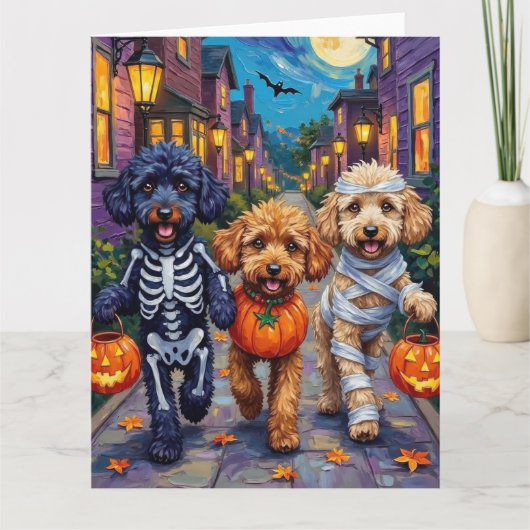 Poodle Hunde Trick-oder-Treating Halloween Kostüme Karte (Vorderseite)