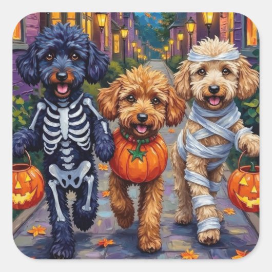 Poodle Hunde Trick-oder-Treating Halloween Kostüme Quadratischer Aufkleber (Vorderseite)
