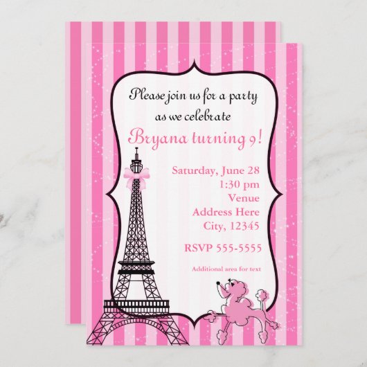 Poodle in Paris Pink gestreift Eiffelturm Chic Einladung (Vorne/Hinten)