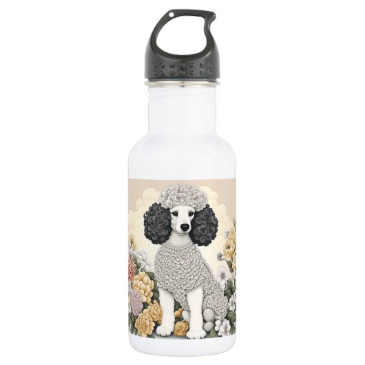 Poodle in Whimsikalen Blume Edelstahlflasche (Vorderseite)