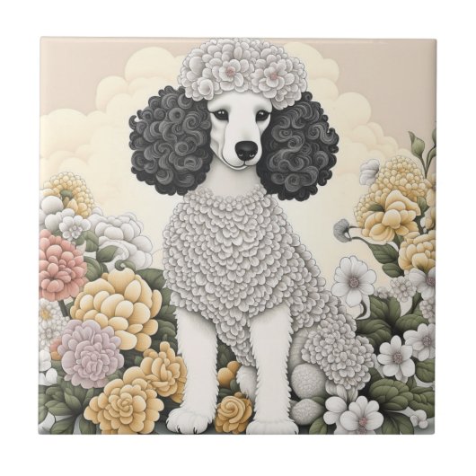 Poodle in Whimsikalen Blume Fliese (Vorderseite)