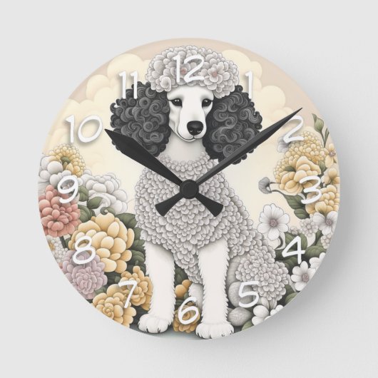 Poodle in Whimsikalen Blume Runde Wanduhr (Vorderseite)