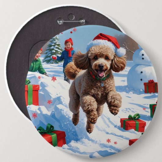 Poodle läuft im Schnee mit Weihnachtshut Button (Vorne & Hinten)