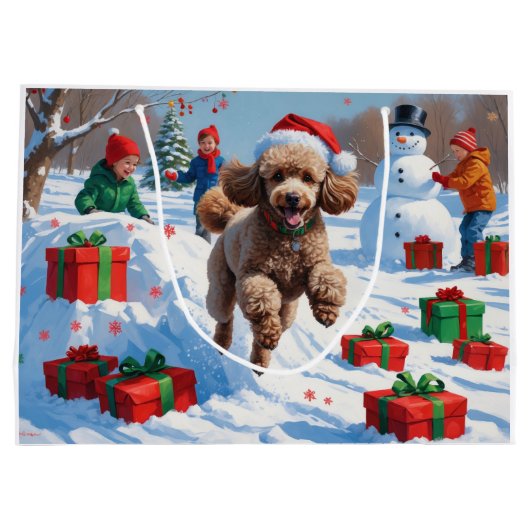 Poodle läuft im Schnee mit Weihnachtshut Große Geschenktüte (Rückseite)