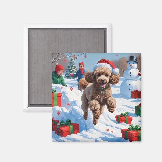 Poodle läuft im Schnee mit Weihnachtshut Magnet (Vorderseite/Rückseite)