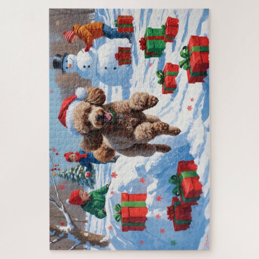 Poodle läuft im Schnee mit Weihnachtshut Puzzle (Vertikal)