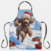 Poodle läuft im Schnee mit Weihnachtshut Schürze (Vorderseite)
