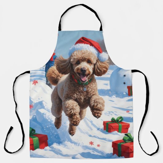 Poodle läuft im Schnee mit Weihnachtshut Schürze (Vorderseite)