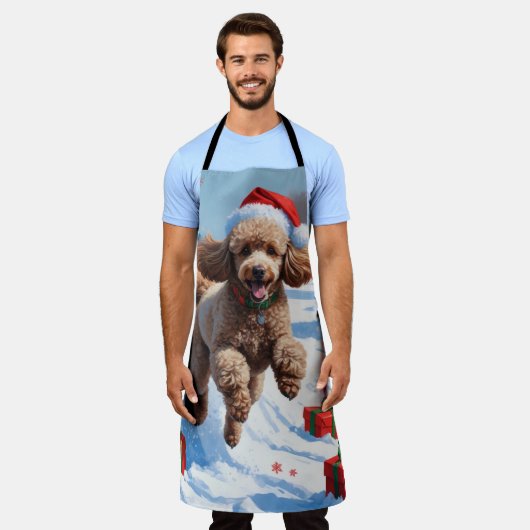 Poodle läuft im Schnee mit Weihnachtshut Schürze (Getragen)