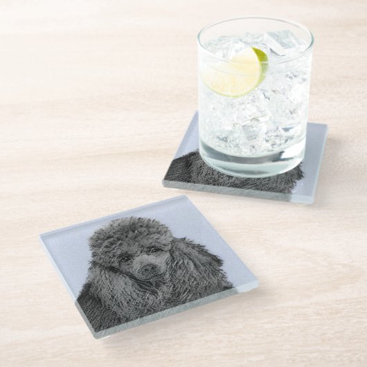 Poodle Malerei Miniaturspielzeug Schwarze Kunst Glasuntersetzer (Schrägansicht)