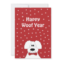 Poodle mit der Krawatte "Happy Woof Year"
