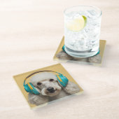 Poodle mit Kopfhörer Glasuntersetzer (Schrägansicht)