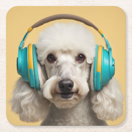 Poodle mit Kopfhörer Rechteckiger Pappuntersetzer (Vorderseite)