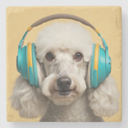 Poodle mit Kopfhörer Steinuntersetzer (Vorderseite)