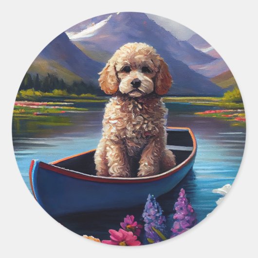Poodle on a Paddle: Ein Landschaftliches Abenteuer Runder Aufkleber (Vorderseite)