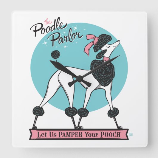 Poodle Parlor Quadratische Wanduhr (Vorderseite)