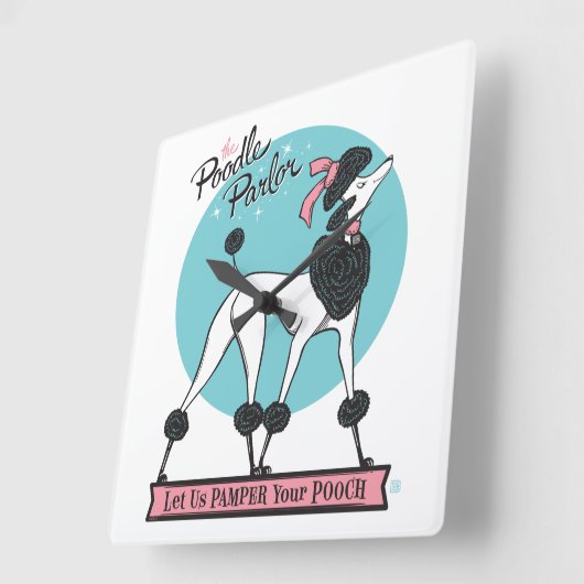 Poodle Parlor Quadratische Wanduhr (Winkel)