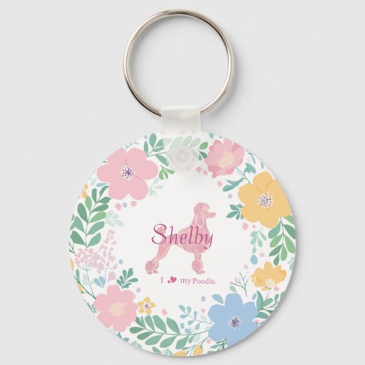 Poodle Pastel Pink Silhouette with Flower Wreath Schlüsselanhänger (Vorderseite)