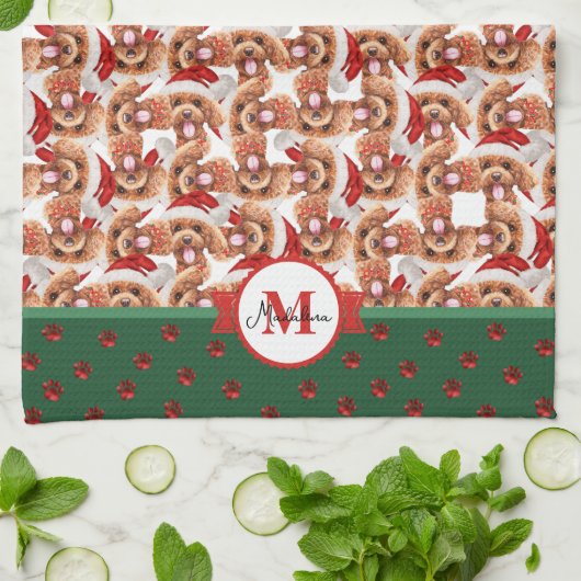 Poodle Pattern Monogram Christmas Dog Geschirrtuch (Gefaltet)