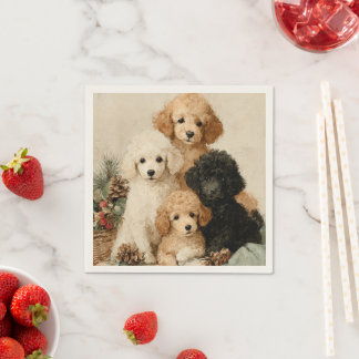 Poodle Puppies Vintage Christmas Serviette