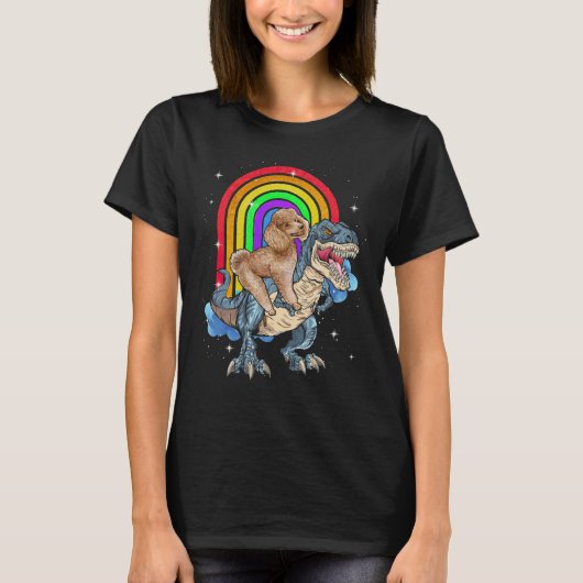 Poodle Riding Dinosaur T rex Regenbogen T-Shirt (Vorderseite)