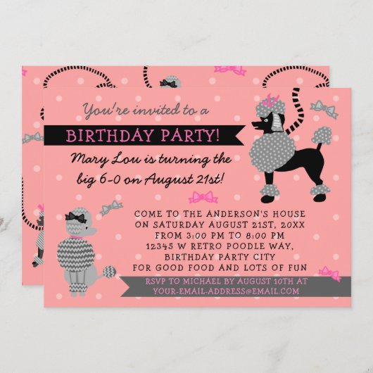 Poodle Rock Retro Pink Black 50er Geburtstagsparty Einladung (Vorne/Hinten)