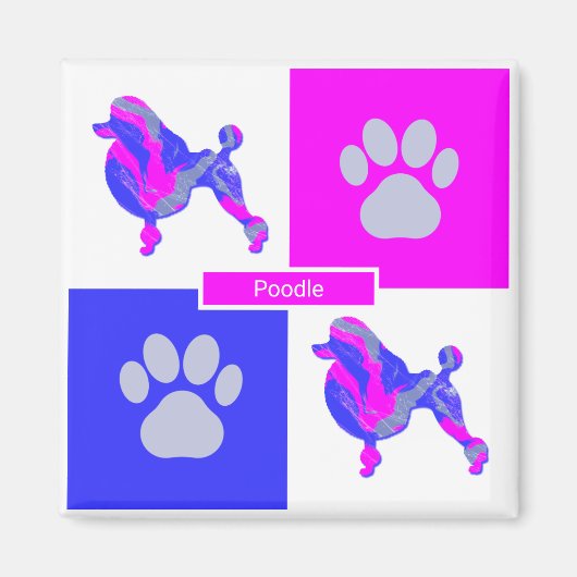 Poodle Silhouette Dog & Paw Pink und Blue Square Magnet (Vorne)