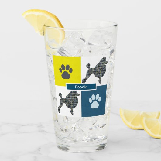 Poodle Silhouette Hund & Paw Gelb & Blau Grid Glas (Vorderseite Ice)