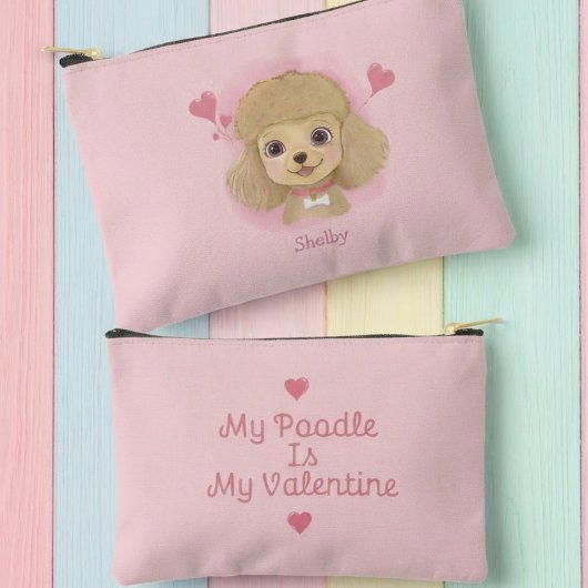 Poodle Watercolor Valentine Pouch with Custom Name Zubehörtasche