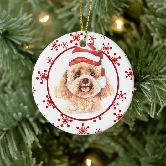 Poodle Weihnachtsmannmütze Roter Schneeflocken Keramik Ornament (Baum)