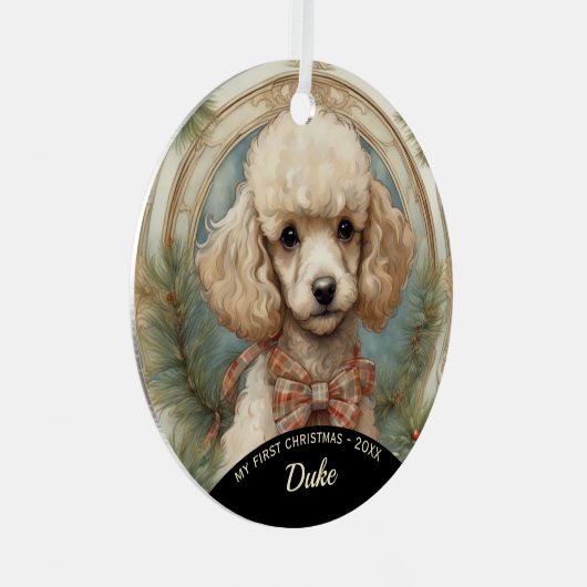 Poodle Welpe First Christmas Metal Ornament (Vorderseite Rechts)