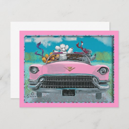 Poodles in rosa Cadillac Retro Druckerei Einladung (Vorne/Hinten)