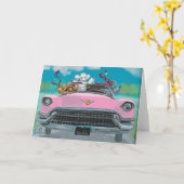 Poodles in rosa Cadillac Retro Print Card Karte (Gelbe Blume)