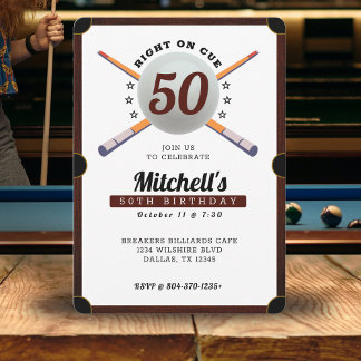 Pool Billard 50. Geburtstagsparty Weiß Einladung